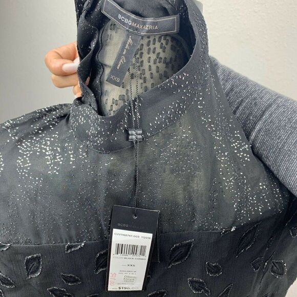 BCBGMAXAZRIA Blouse Womens XXS Black High-Low Sheer Chiffon Metallic Shirt - Picture 6 of 6